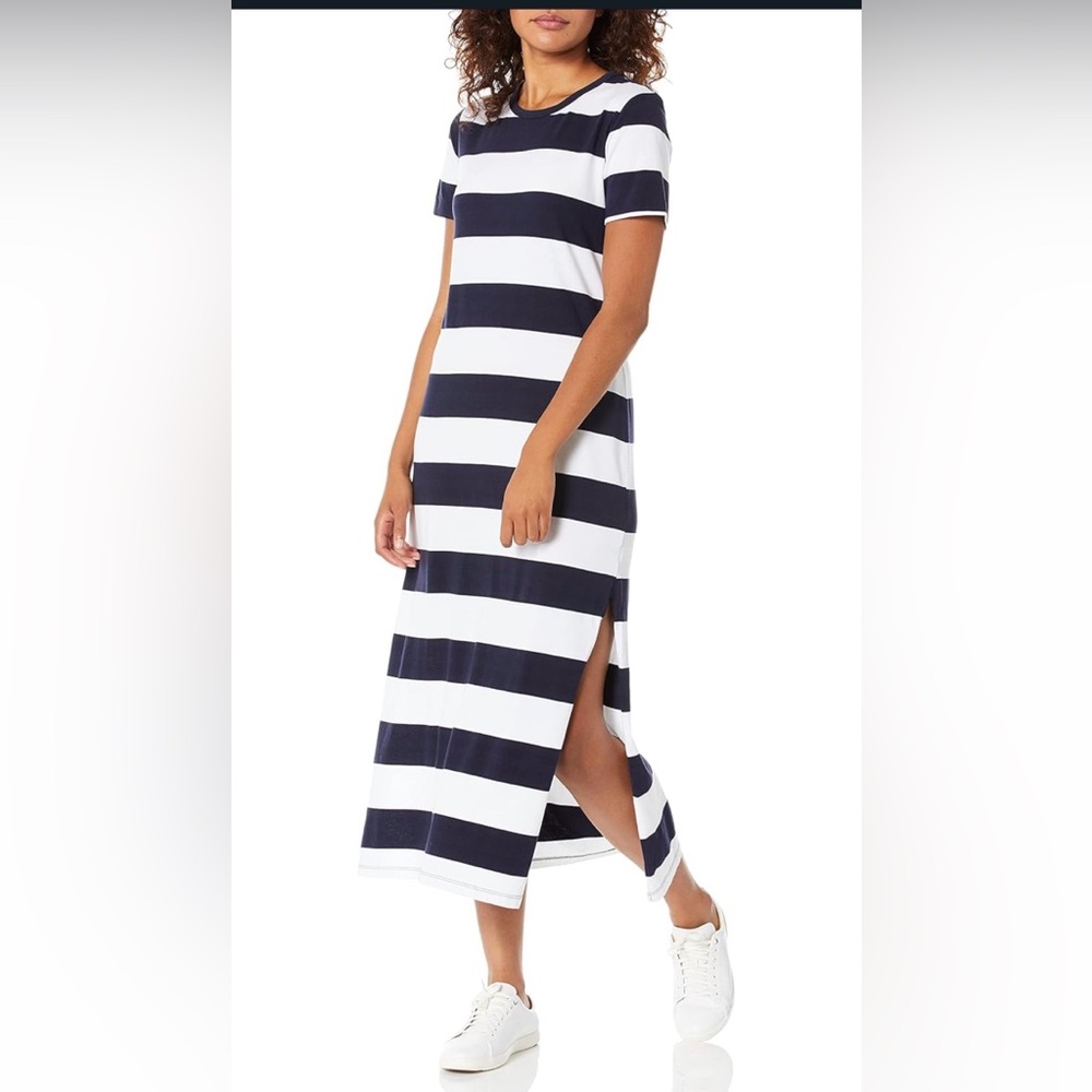 Ag Adriano Goldschmied Alana Navy and White Strip Midi Dress -Side slits XSMALL